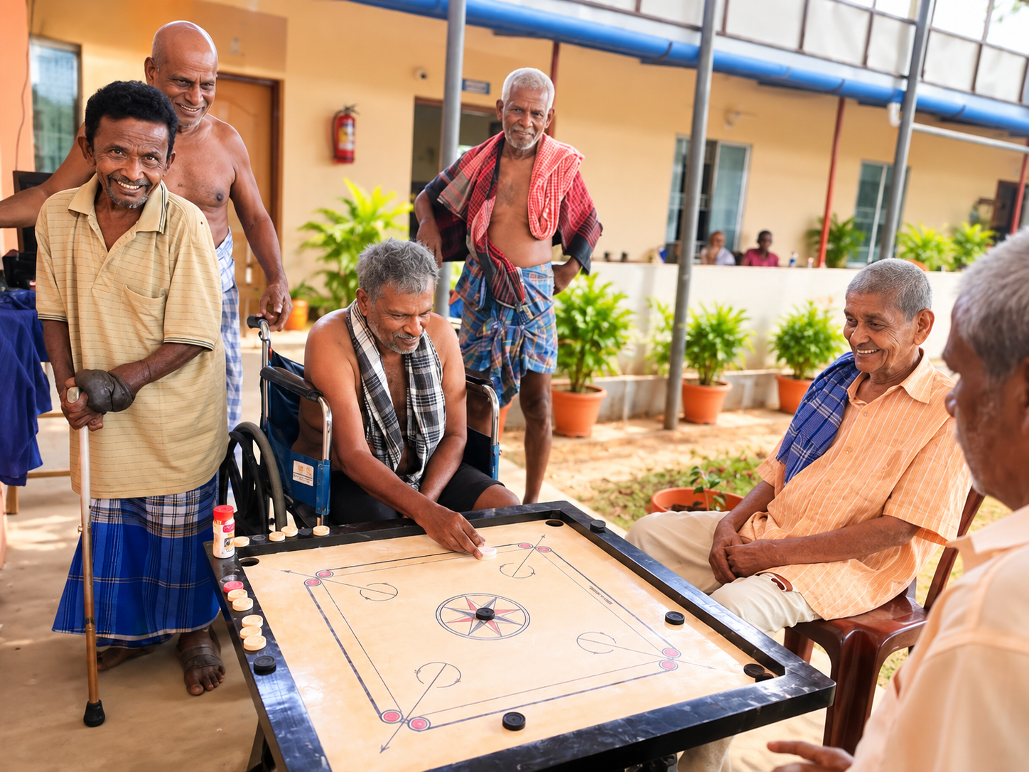 Residents playing carrom together