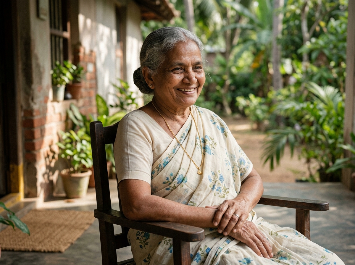 Smiling elderly grandmother in everyday printed saree