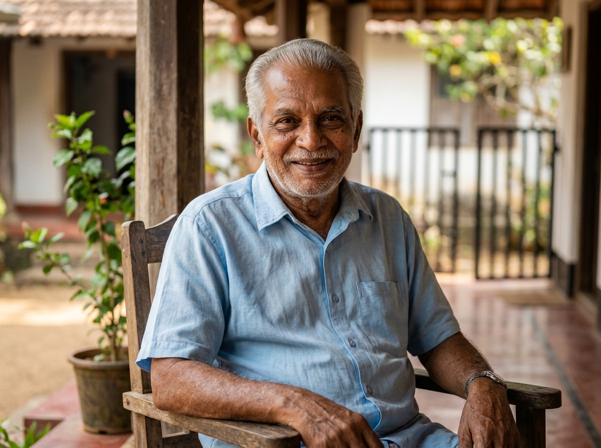Smiling elderly grandfather in simple casual shirt